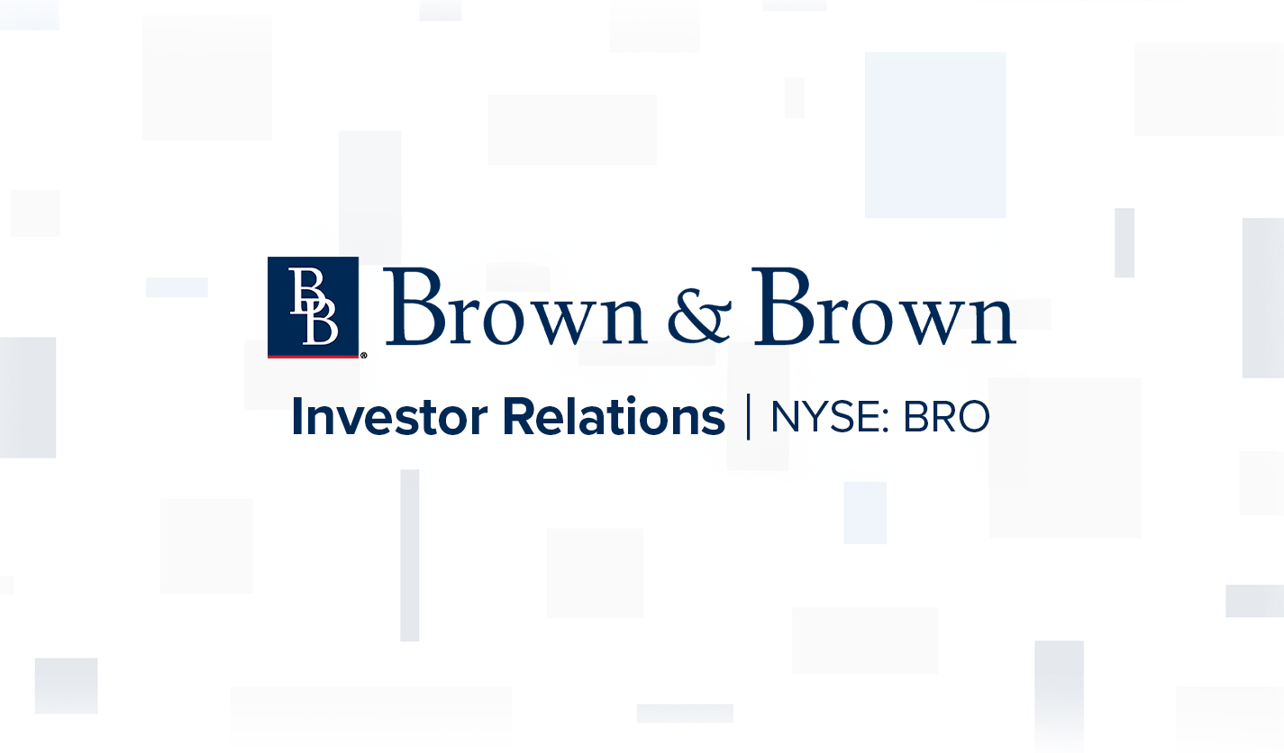 White background with the Brown & Brown retail logo in the middle, and Investor Relations NYSE:BRO below it.